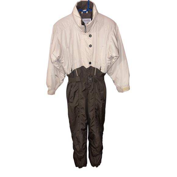 Vintage Columbia women’s hooded belted ski suit snowsuit cream brown (medium) - Picture 1 of 8